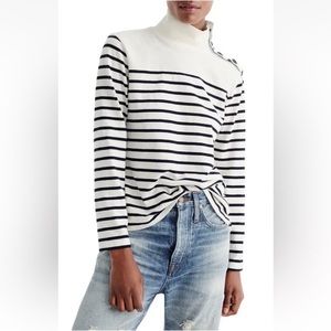J CREW Ivory & Navy Blue Striped Button-Shoulder Mock Neck Top - G8328 - Sz XXS